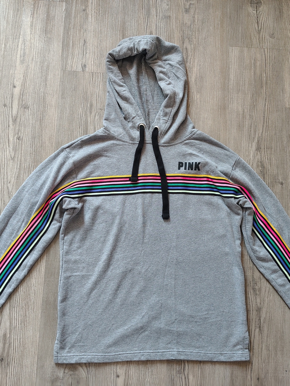 Victoria Secret PINK Campus Relaxed Hoodie Gray w/ Rainbow Stripe Women's Size M